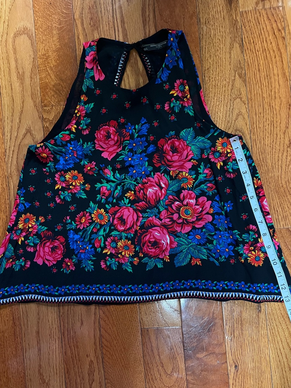 Zara Black Floral Racerback Tank with Pink & Blue Blooms